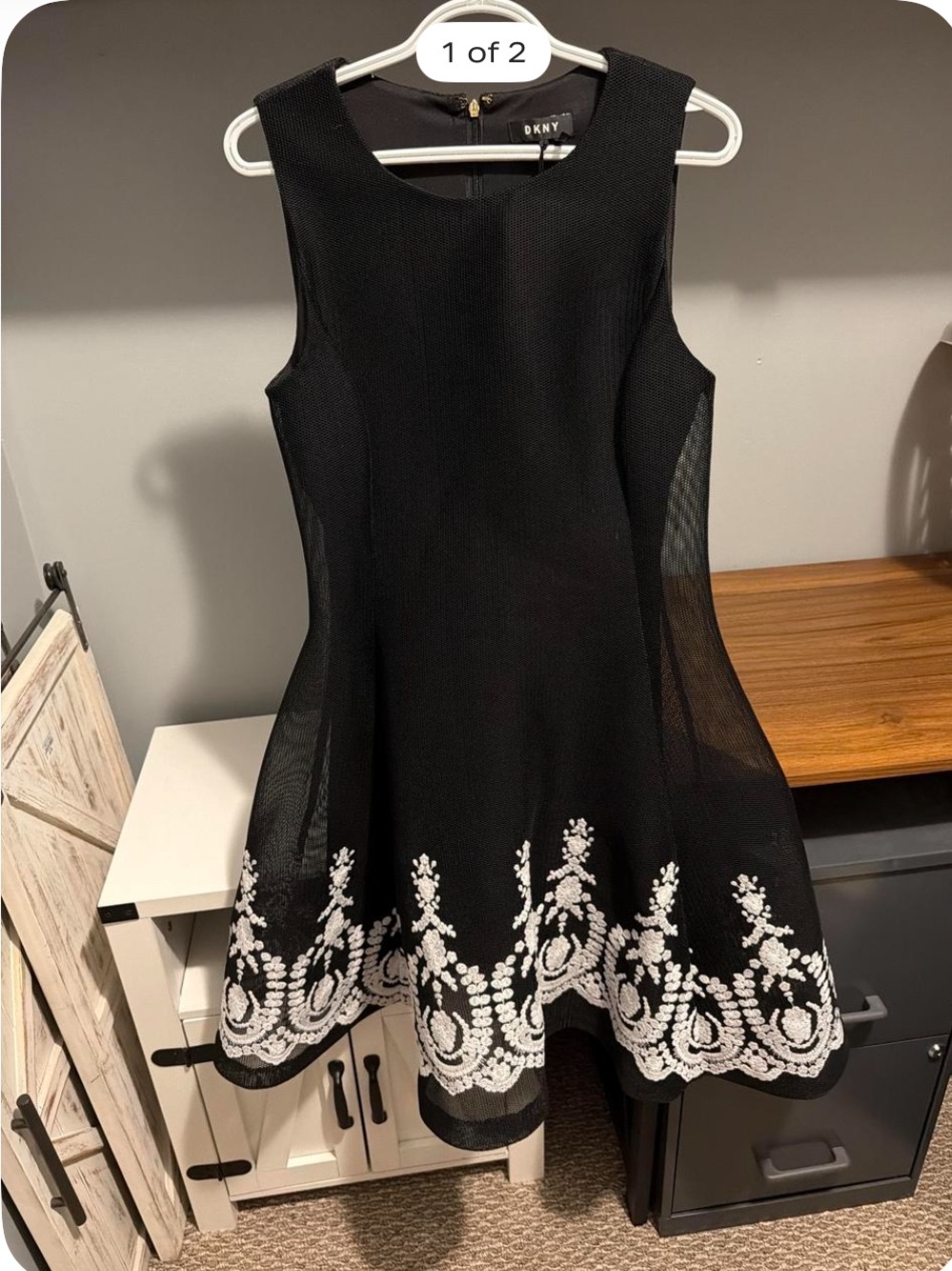DKNY Black Mini Dress with White Embroidered Hem